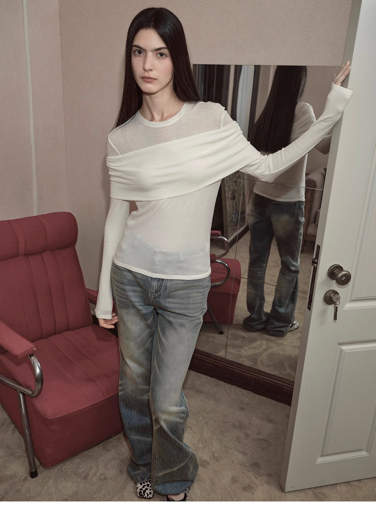Layered Tencel Wool Fake Two-Piece Splicing Off-Shoulder Versatile Knitted Top