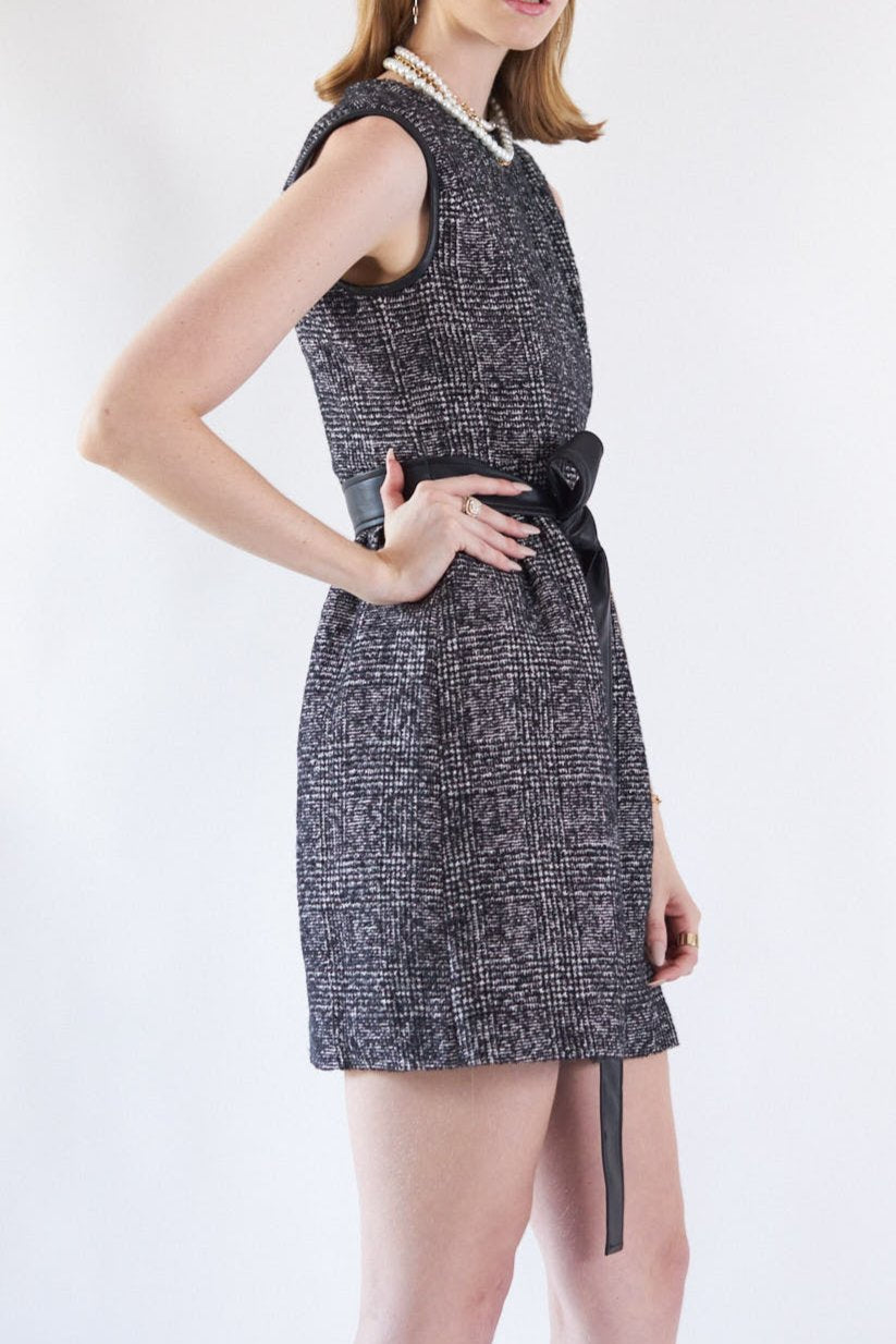 Classy Tweed Dress with Faux Leather Slash