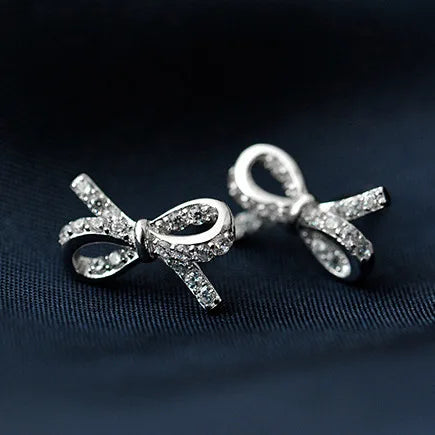 925 Sterling Silver Rhinestones Bowknot Earrings