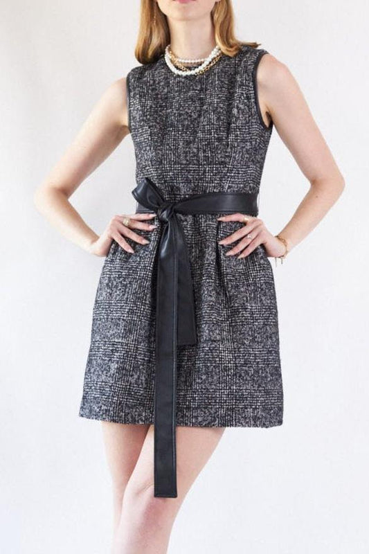 Classy Tweed Dress with Faux Leather Slash