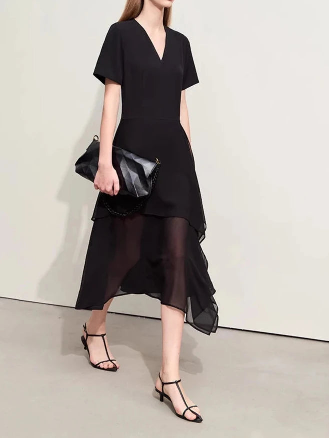 Unique Chiffon Dress with Asymmetric Sheer Hem