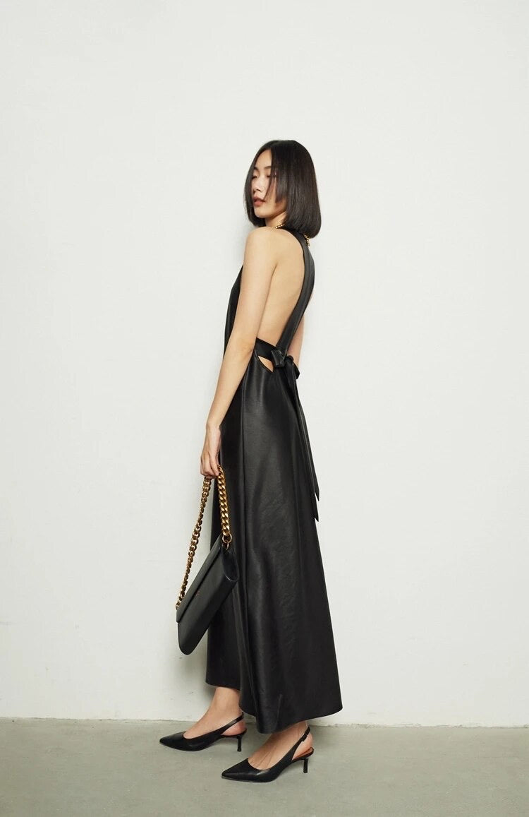 Stylish Black Long Faux Leather Dress with Open Back