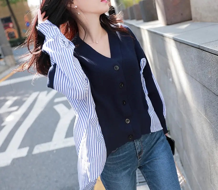 Striped Fake Two Piece Button Front Bat Sleeve Sweater