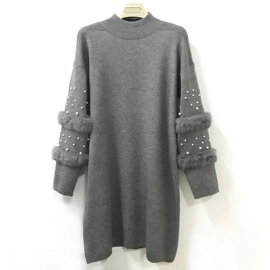 Chic Loose Fit Knitted Tunic with Beaded Faux Fur Sleeves