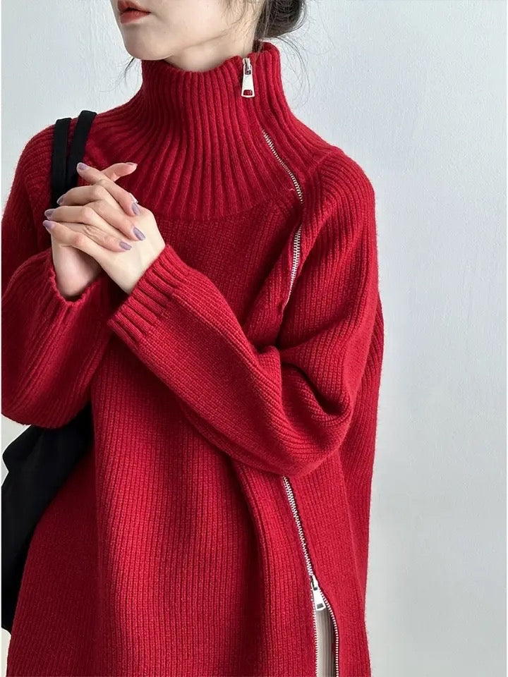 Oversize Asymmetrical Zip Turtleneck Sweater
