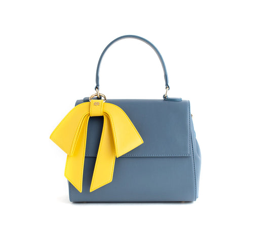 Blue Vegan Crossbody Leather Bag with Yellow Bow Charm