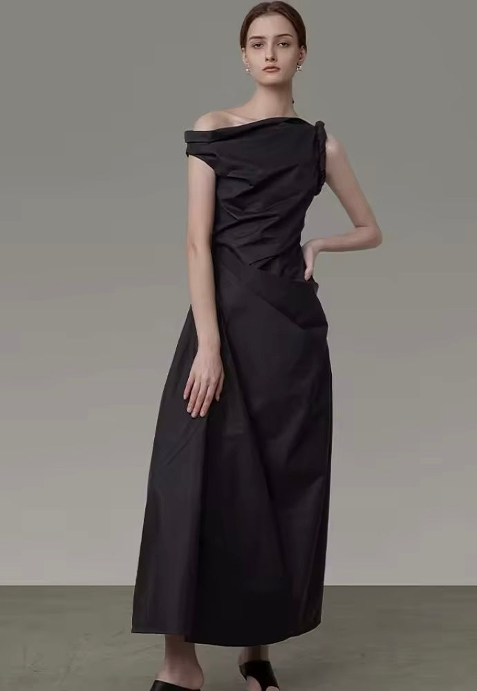 Black Asymmetric Off Shoulder Long Evening Dress