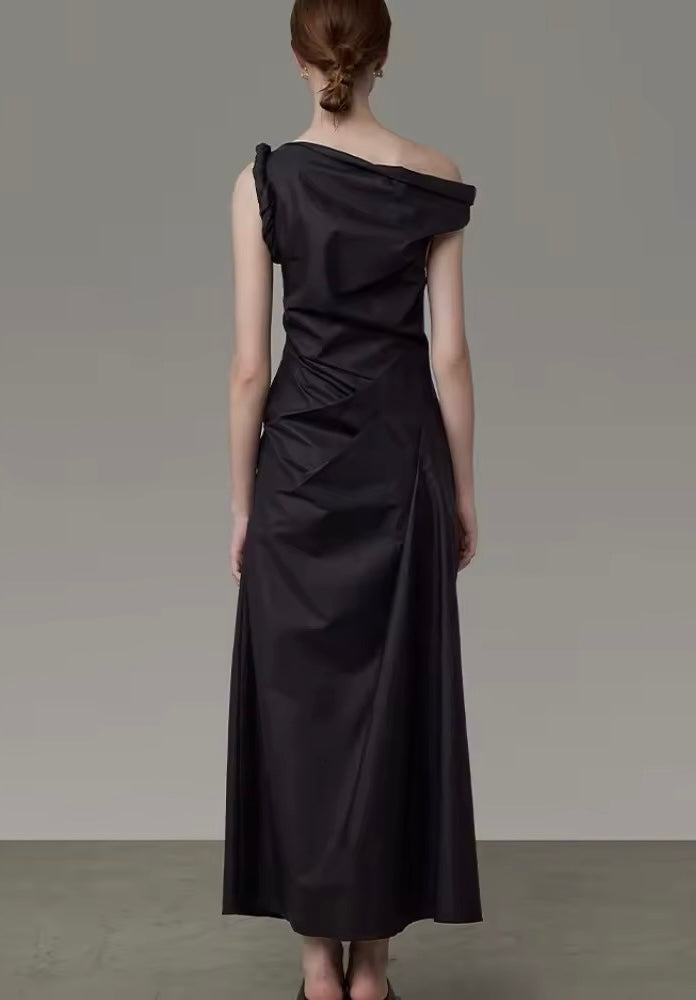 Black Asymmetric Off Shoulder Long Evening Dress