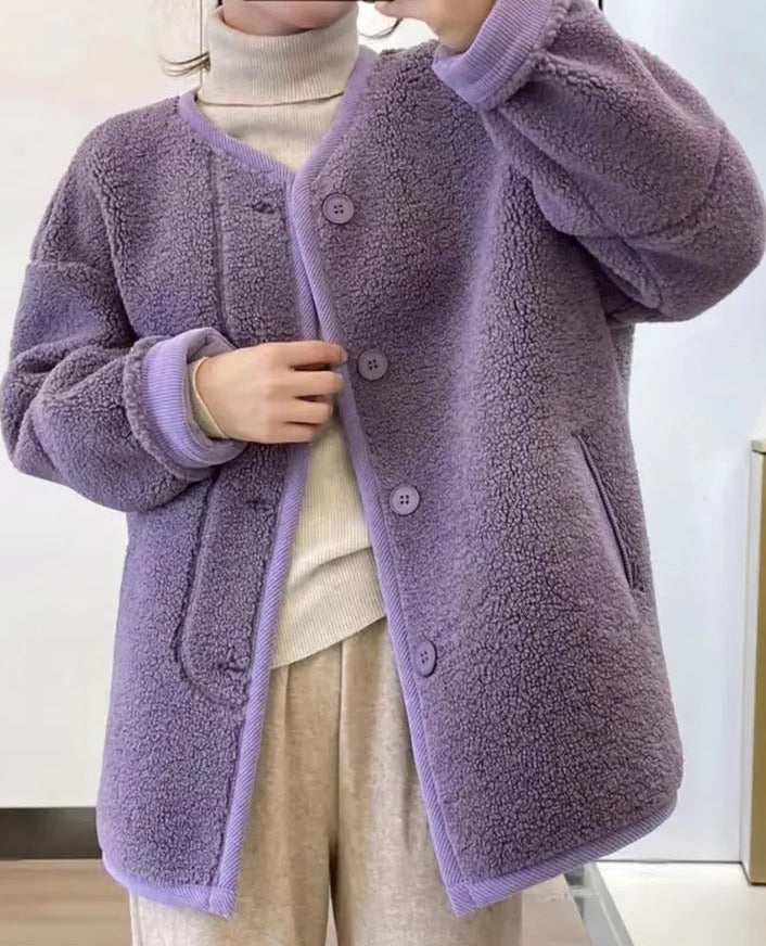 Taro Purple V Neck Fleece Jacket
