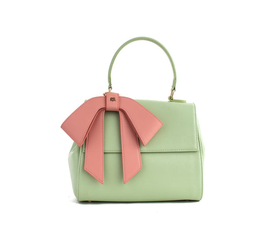 Mint Vegan Crossbody Leather Bag with Pink Bow