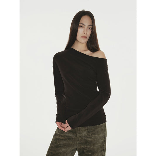Off-Shoulder Slim Fitted Lyocell Tencel Wool Long Sleeve T-Shirt