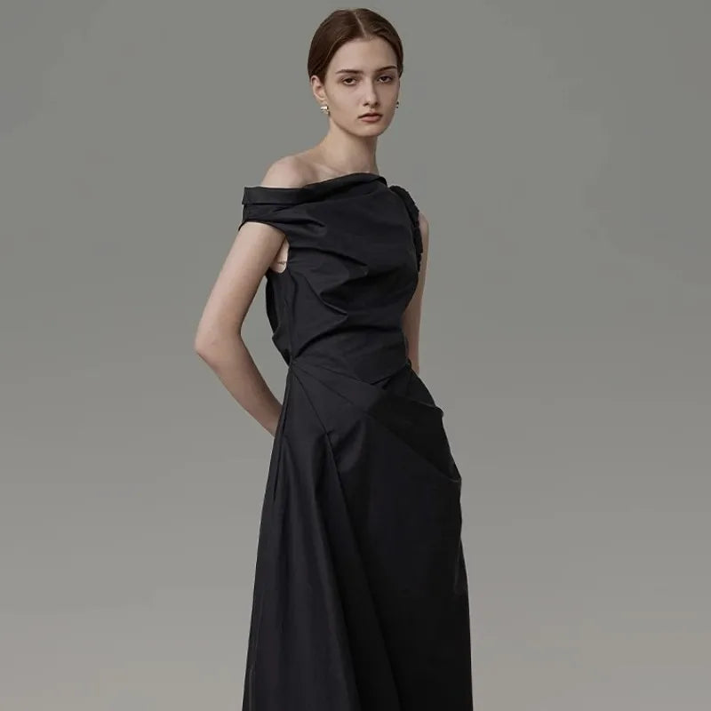 Black Asymmetric Off Shoulder Long Evening Dress