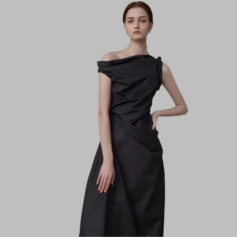 Black Asymmetric Off Shoulder Long Evening Dress