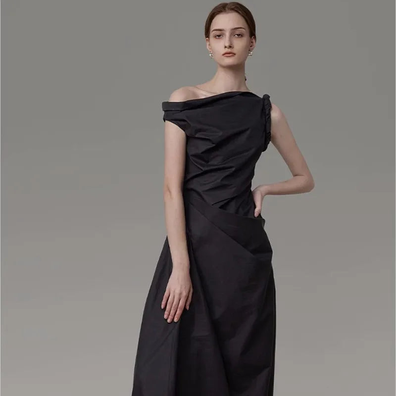 Black Asymmetric Off Shoulder Long Evening Dress