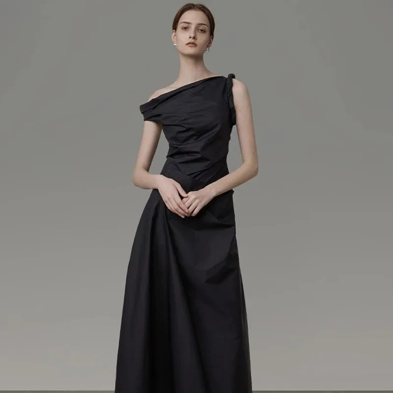 Black Asymmetric Off Shoulder Long Evening Dress