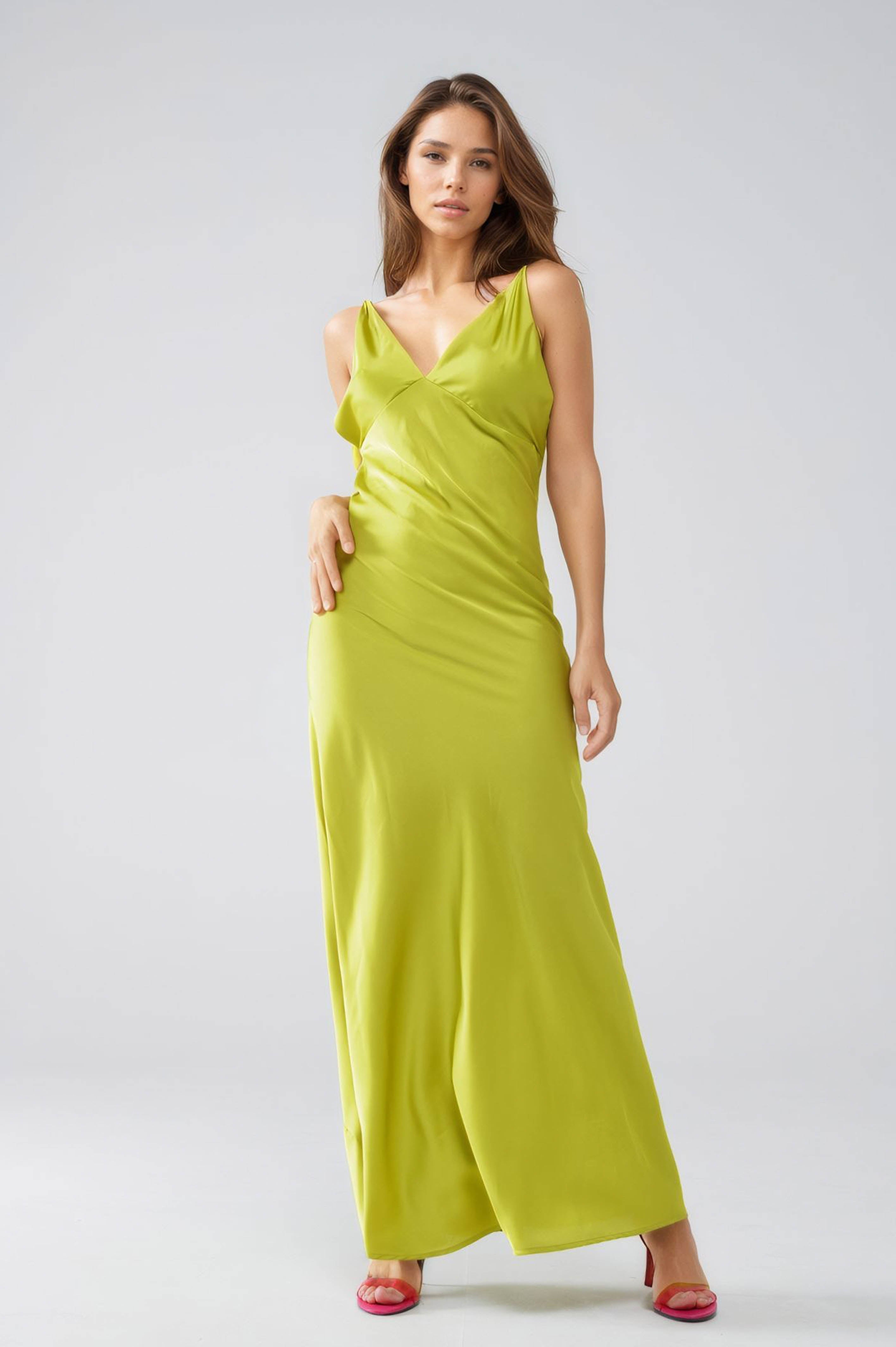 Satin Maxi Dress With Spaghetti Straps in Lime Green City Charm Style Satin Maxi Dress With Spaghetti Straps in Lime Green City Charm Style