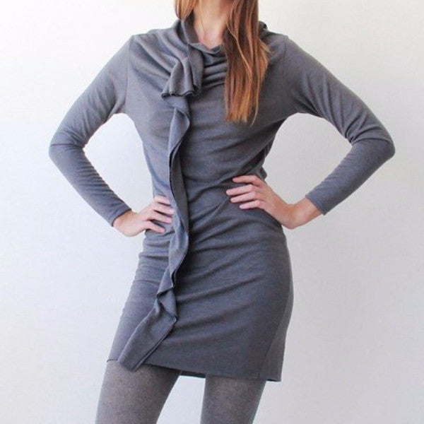 Gray Slim Fit Knit Dress with Ruffle Details