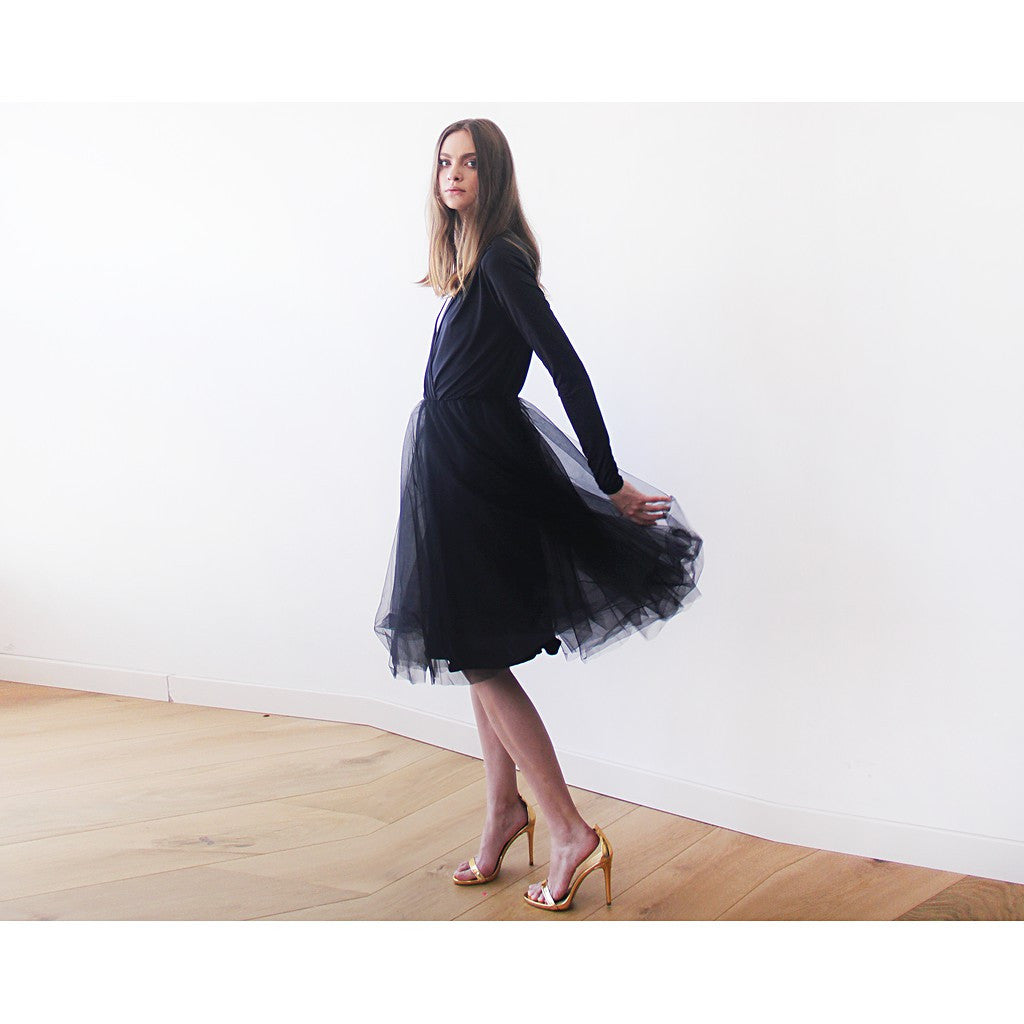 Black midi length tulle gown with long sleeves , Black bridesmaids tulle gown
