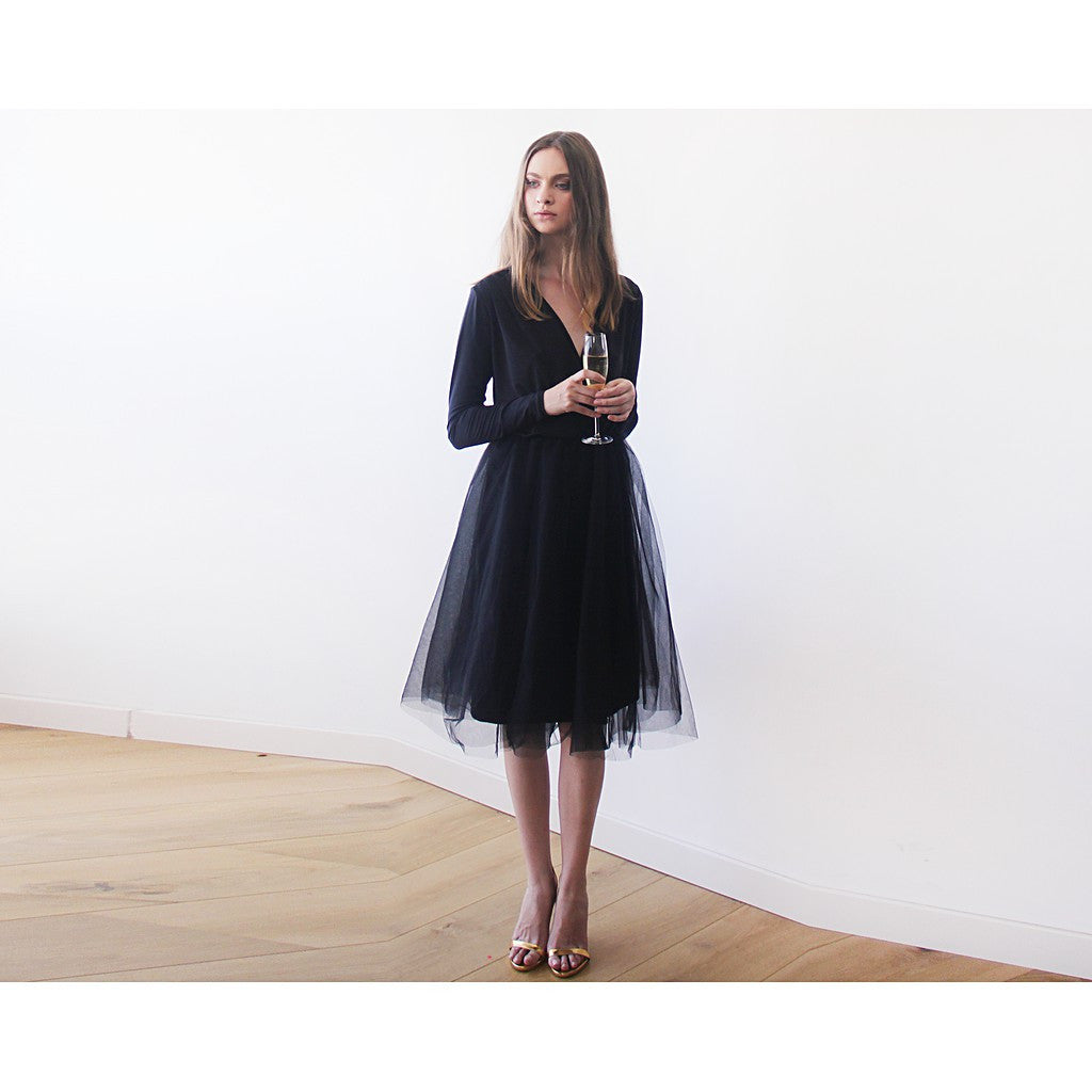 Black midi length tulle gown with long sleeves , Black bridesmaids tulle gown
