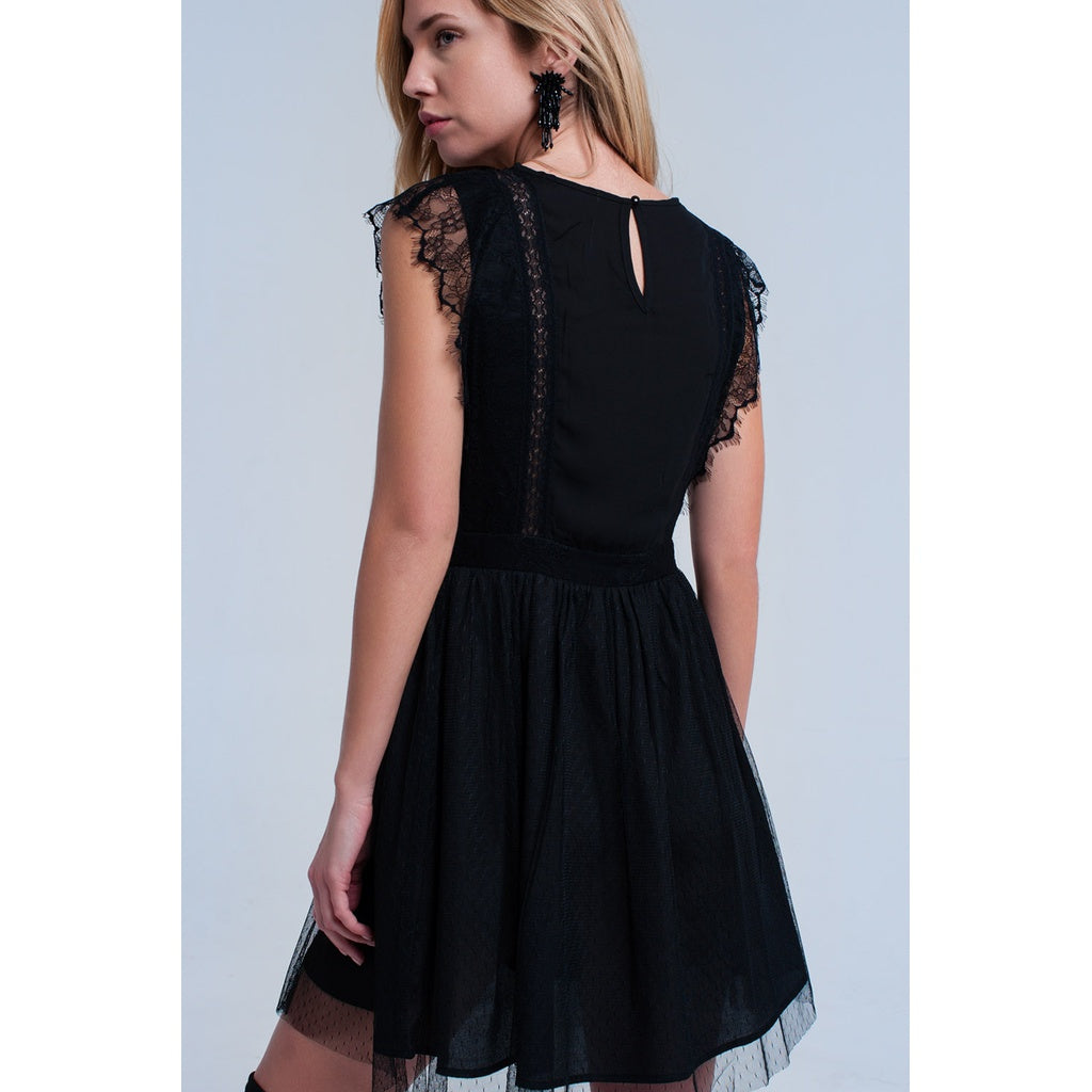 Black lace insert pleated dress