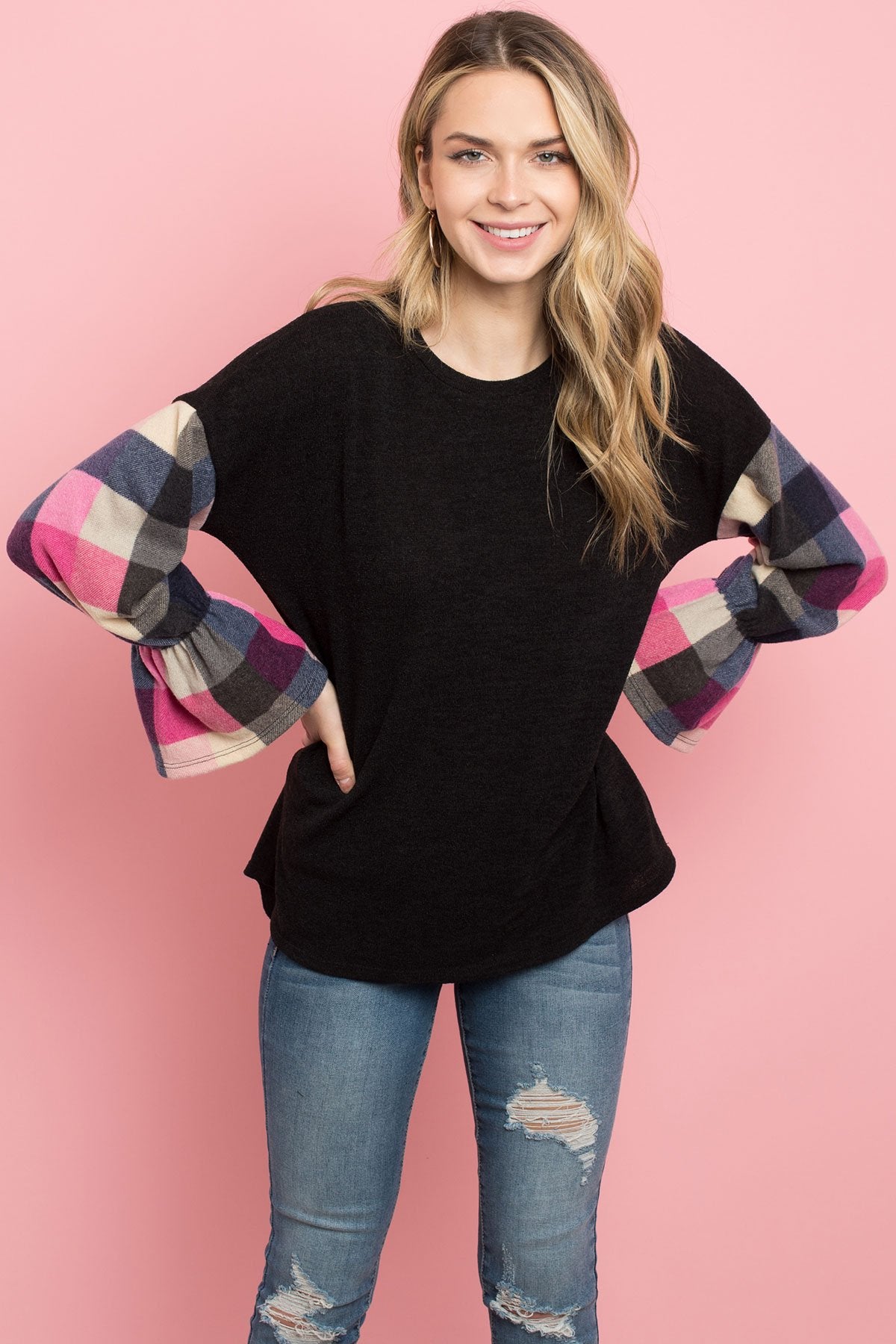 Plaid Bell Sleeves Sweater