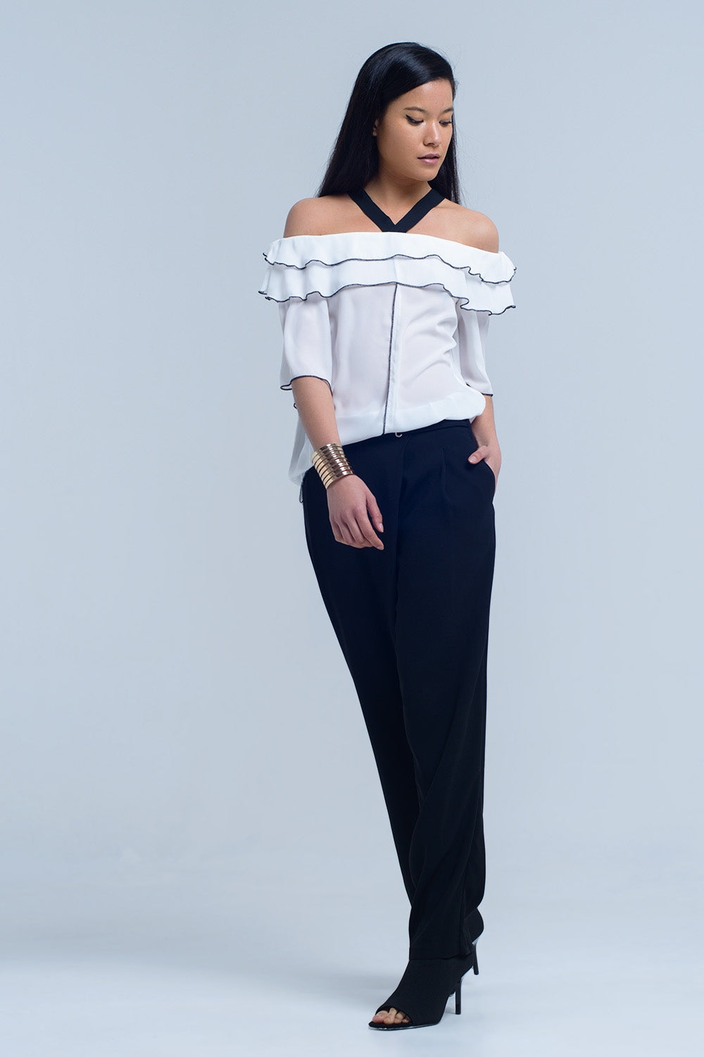 White Off Shoulder Top With Black Contrast Trim