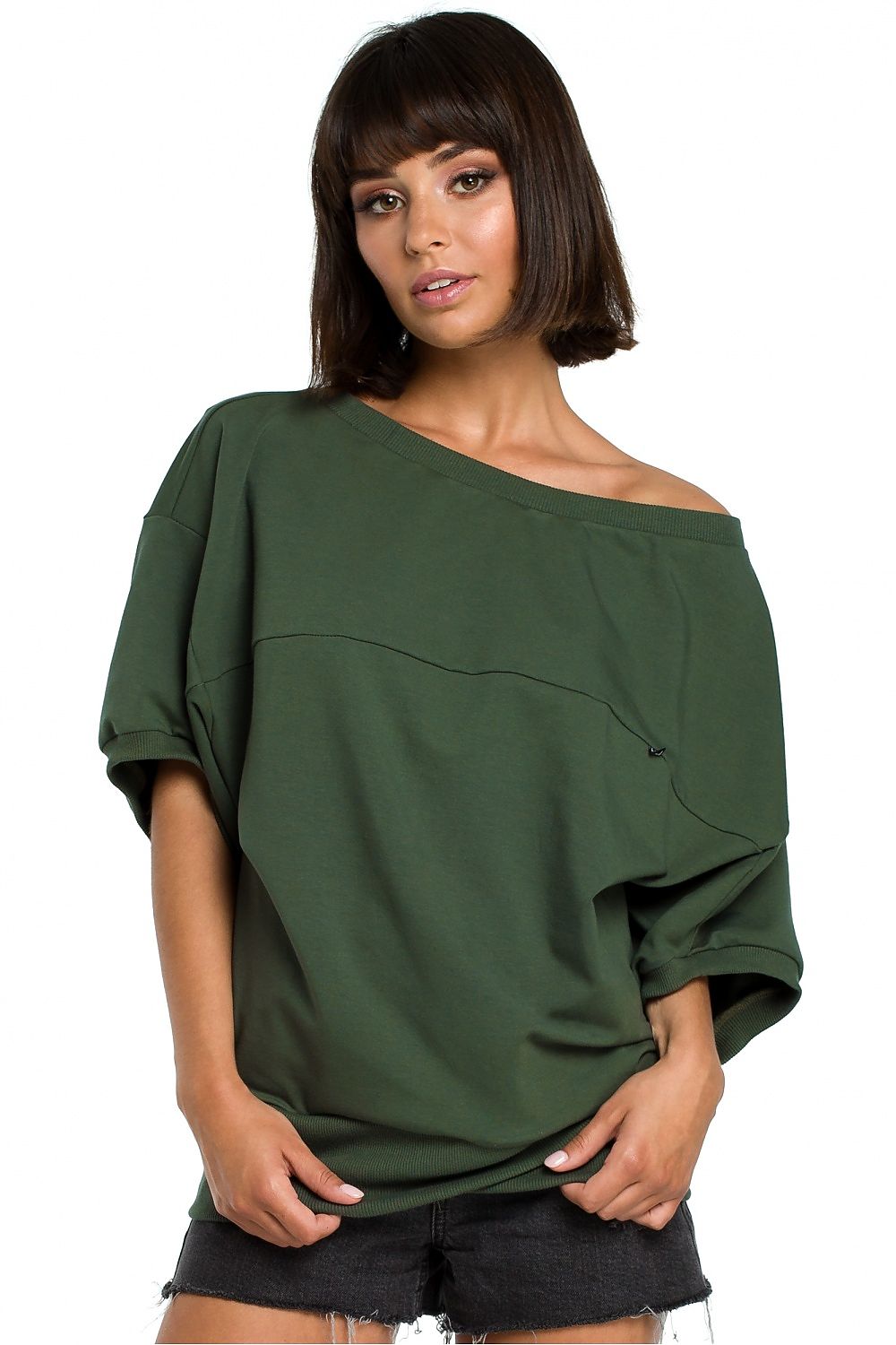 Green Stylish Wide Neck Short Sleeve Sweatshirt