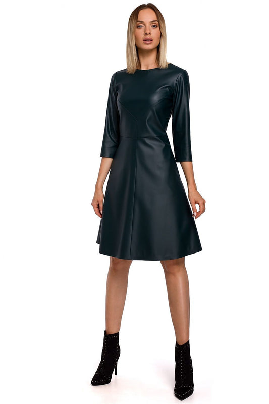 Minimalism Faux Leather Dress with 3/4 Sleeves