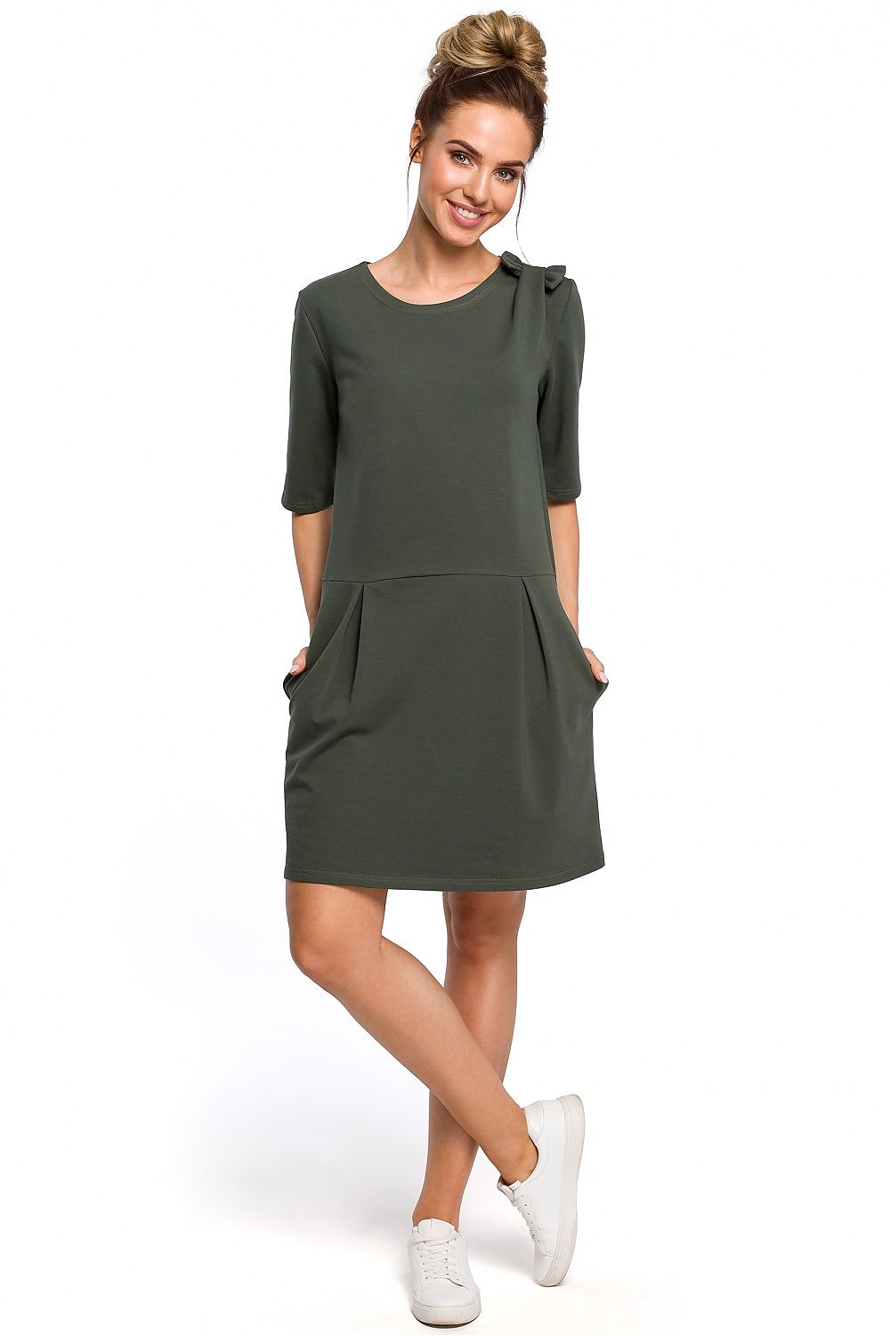 Minimalism Dropped Waist Dress with A Cute Bow on Shoulder