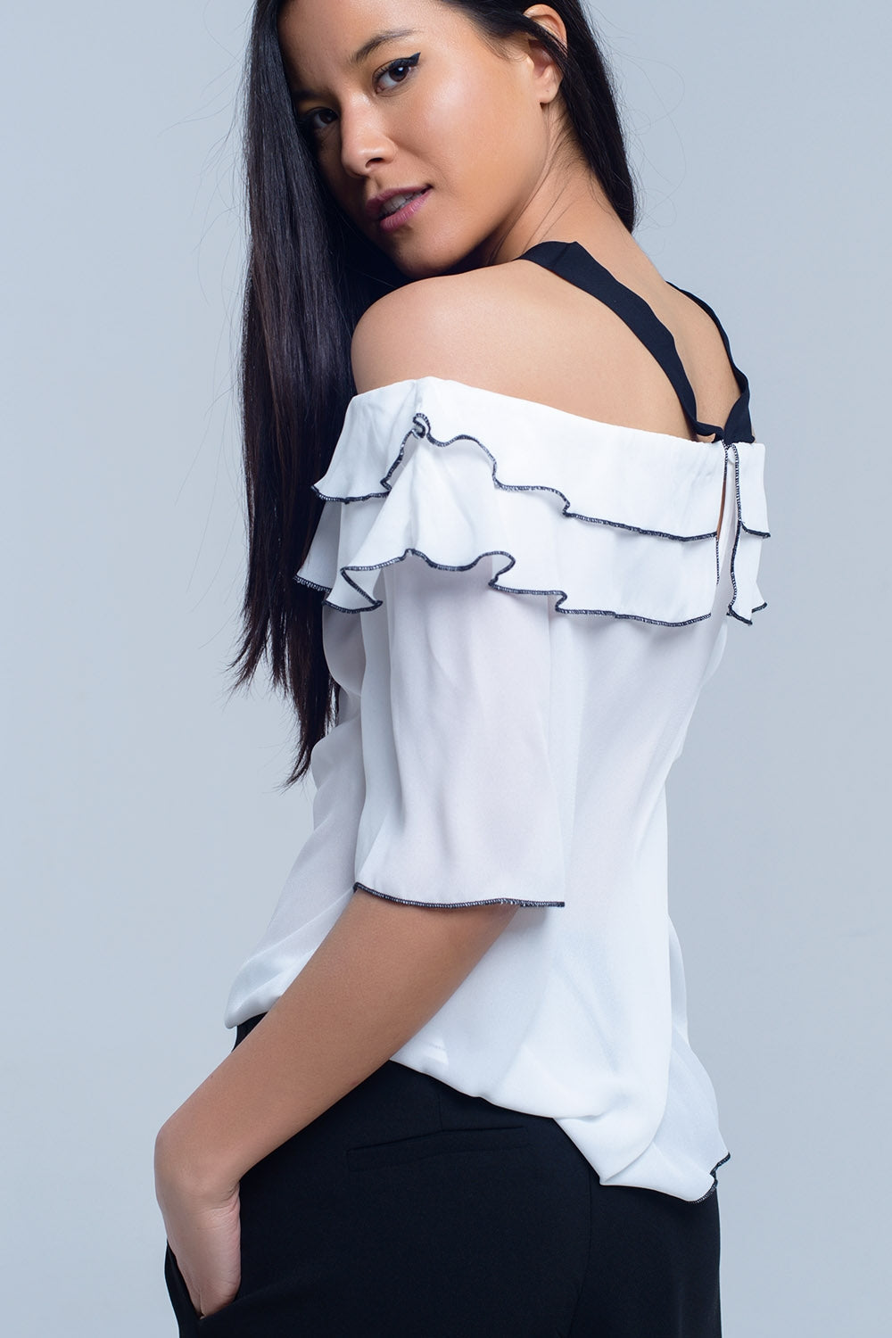 White Off Shoulder Top With Black Contrast Trim