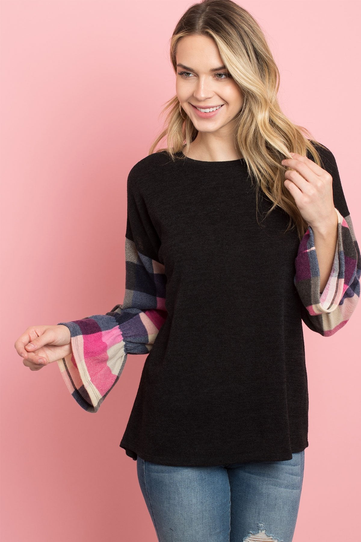 Plaid Bell Sleeves Sweater