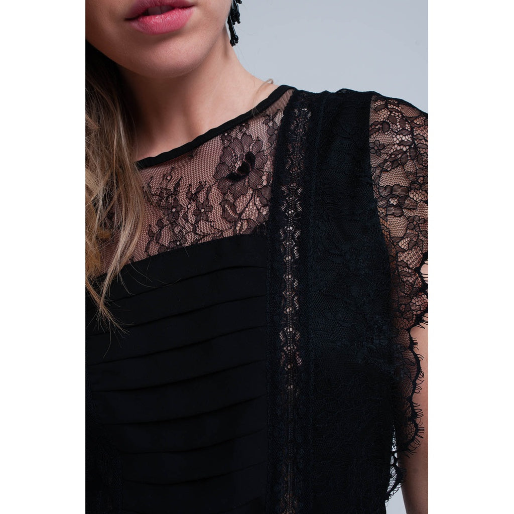 Black lace insert pleated dress