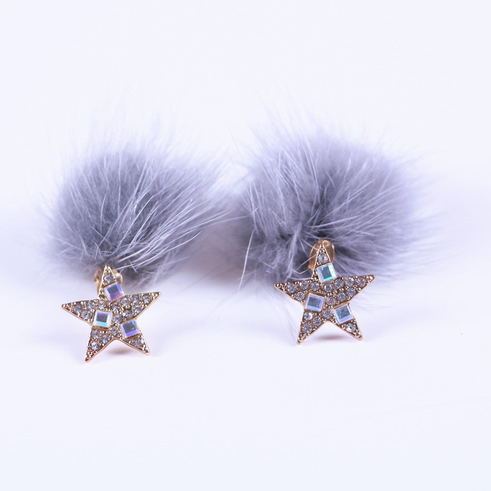 Korean Two Sides Crystal Star and Faux Fur Earrings
