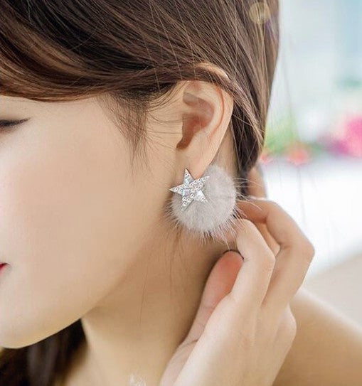 Korean Two Sides Crystal Star and Faux Fur Earrings