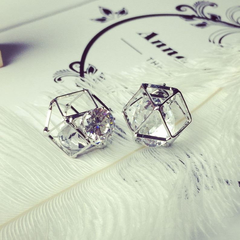 Two Sides Crystal Studded Earrings with Geometric Hollow Design