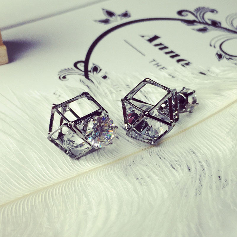 Two Sides Crystal Studded Earrings with Geometric Hollow Design