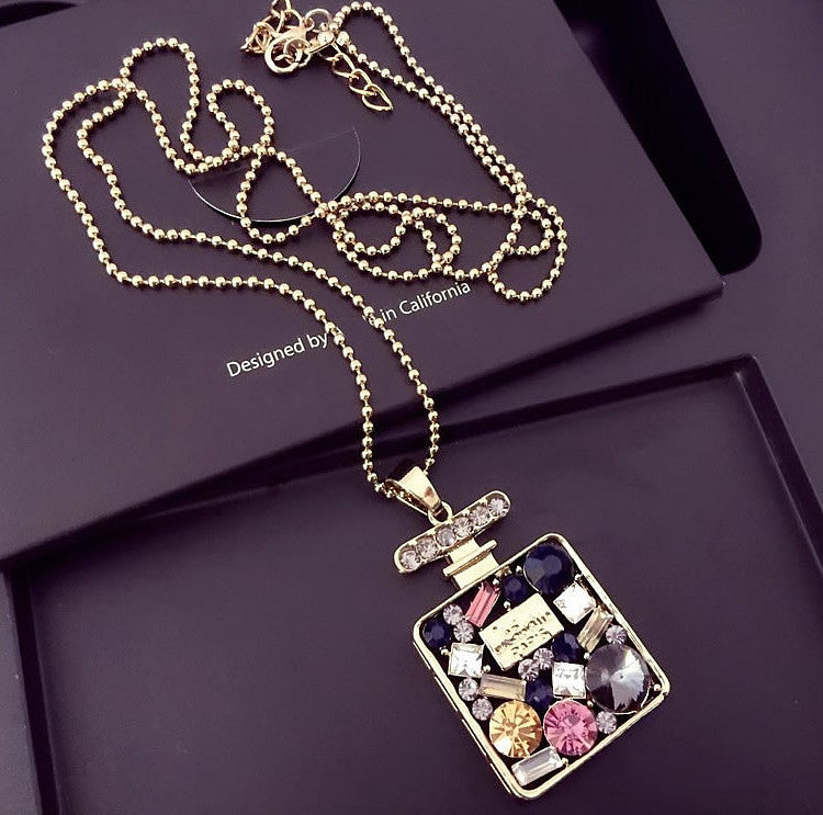 Bottle Shape Long Pedant Necklace with Color Rhinestones Design