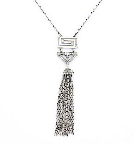 Long Tassel Silver Necklace with Rhinestone Charm