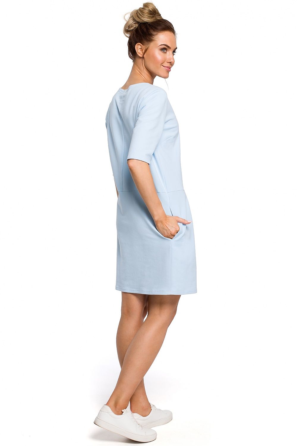 Blue Short Sleeves Drop Waist Dress with Bow Shoulder