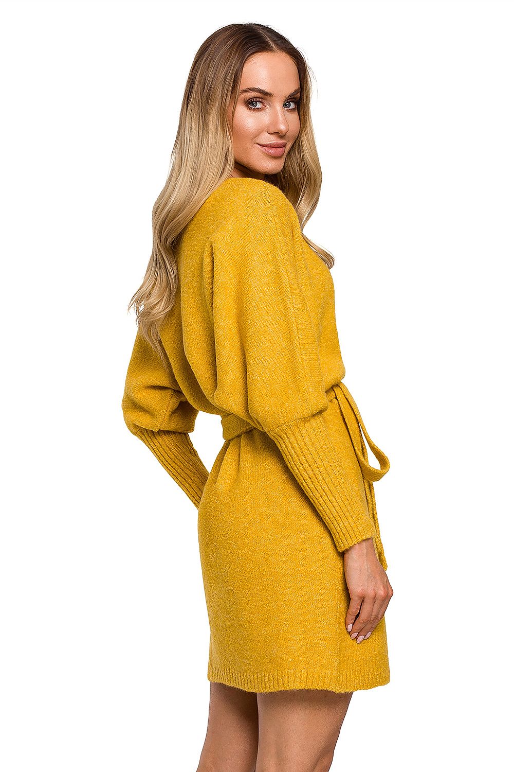 Beautiful Yellow Sweater Dress with Waist Tie