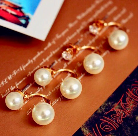 2 Sides Double Pearls and  Rhinestone Stud Earrings