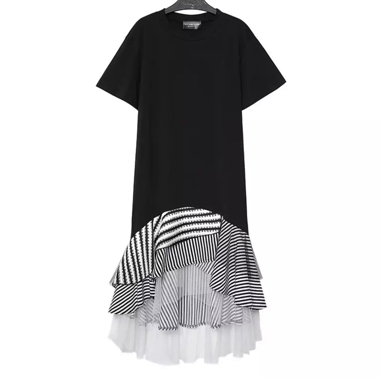Black Casual Asymmetric Dress with Strip Ruffles Hem