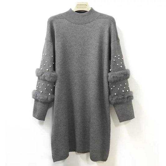 Long Sweater Mini Dress with Faux Fur and Pearls decorated Sleeves