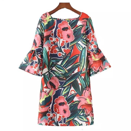 Floral dress with square neckline and flare sleeves