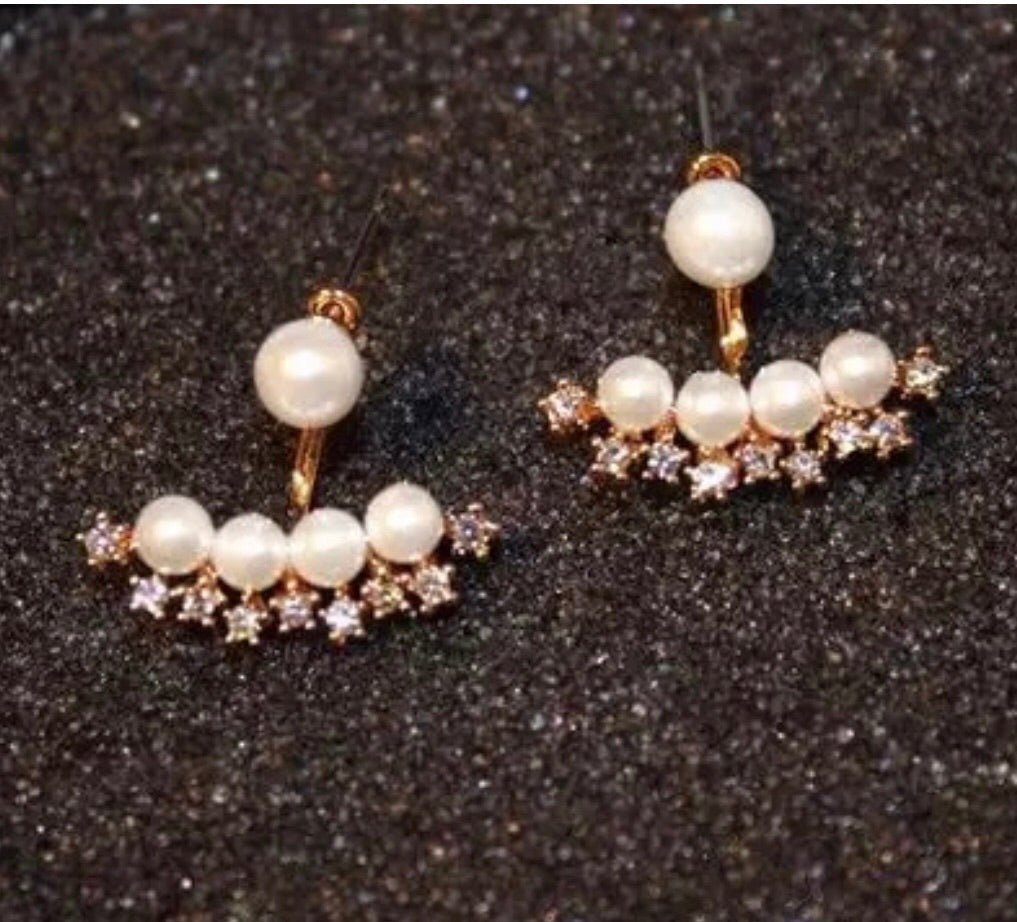 2 Sides Faux Pearls Jacket with Rhinestone Earrings