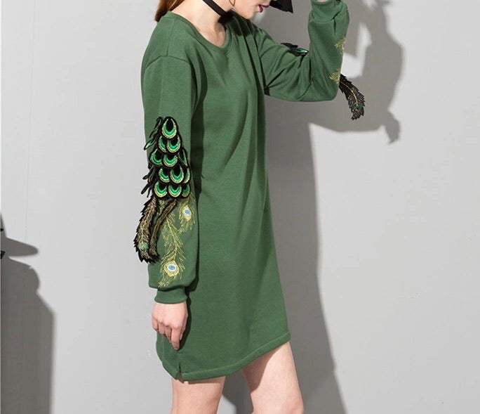 Green Sweat dress with peacock embroidery sleeves