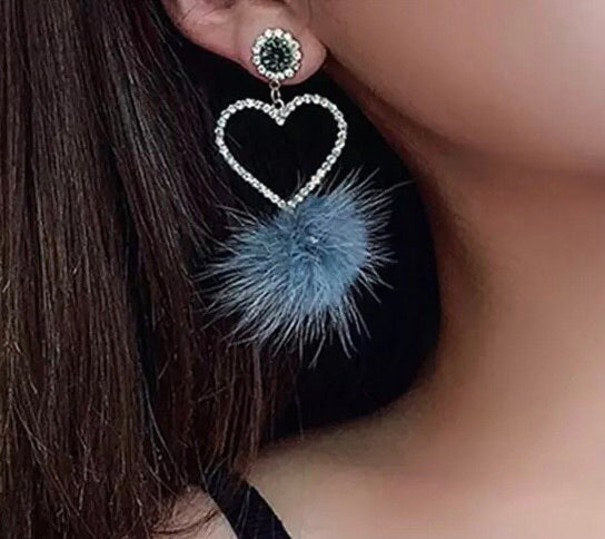 Stylish Unmatched Faux Fur Ball Rhinestone Drop Earrings