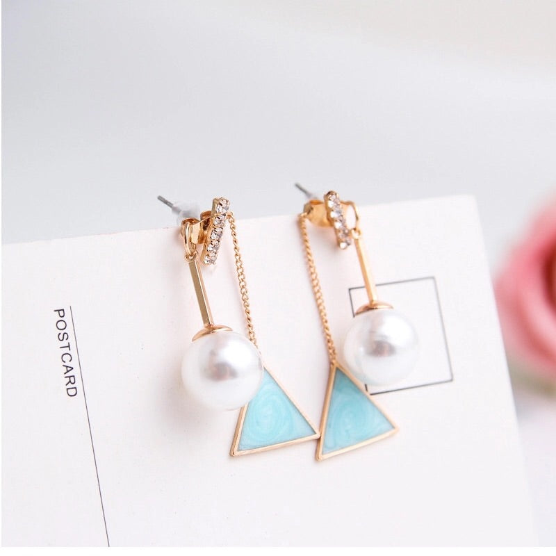 Korean Two Sided Pearl and Triangle Drop Rhinestone Earrings
