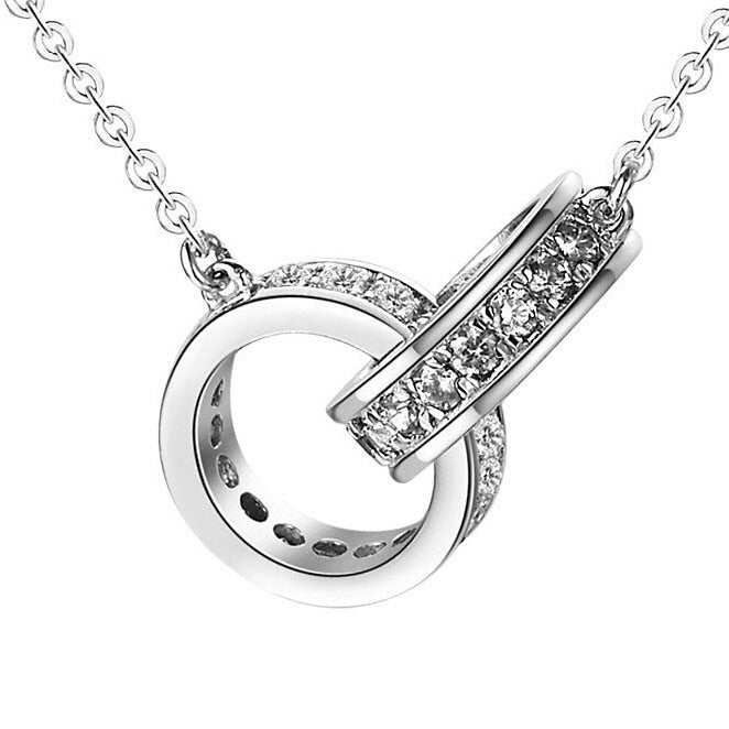925 Sterling Silver Locked Double Ring Crystal Pendant Necklace