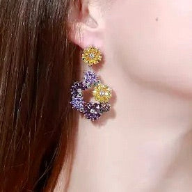 Elegant Purple Crystal Flower Ring Drop Earrings